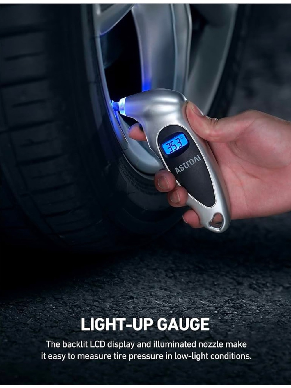 NWT ASTRAI Light-Up Tire Pressure Gauge in Silver and Black